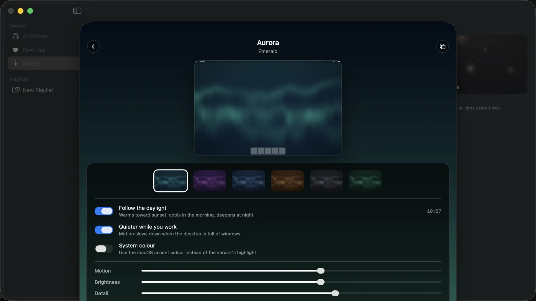 Aurora open in Walyro with six colour variants, behaviour switches and motion, brightness and detail sliders