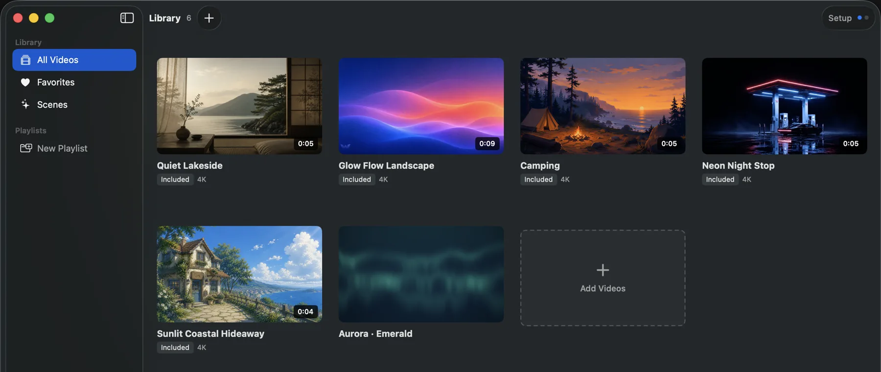 A saved Aurora Emerald scene in Walyro’s library beside imported video wallpapers