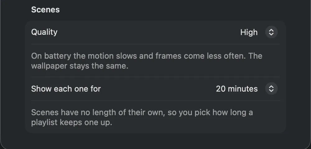 Walyro Scenes settings showing Quality set to High and a playlist interval of 20 minutes