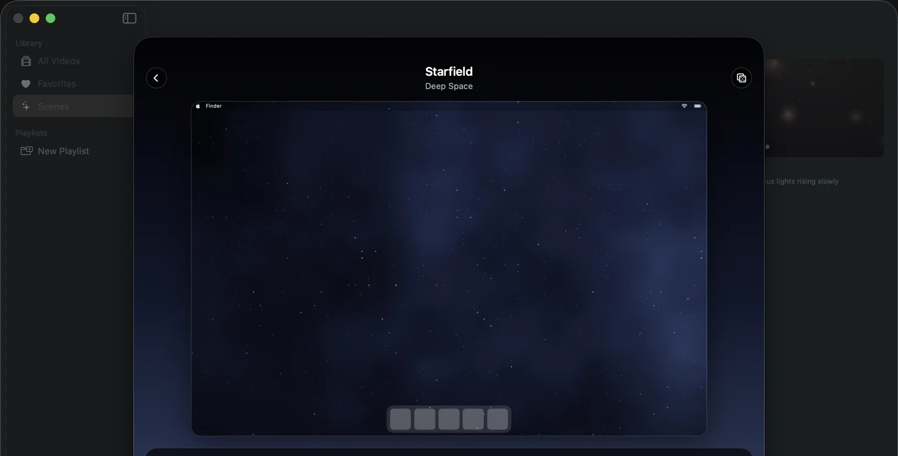 Starfield in its Deep Space variant with a mock menu bar and Dock in the display preview