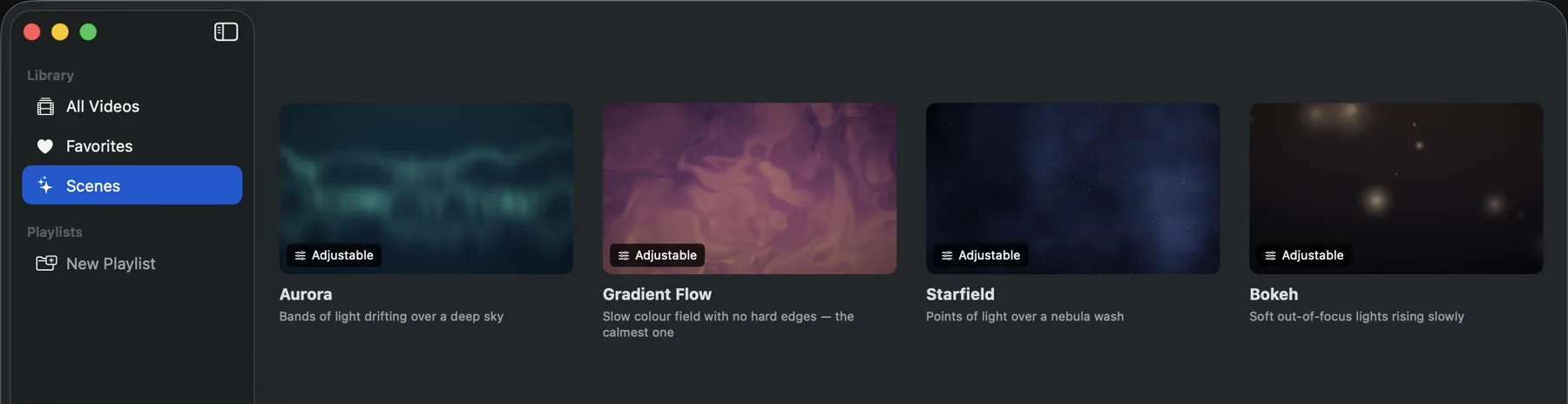 The Scenes section in Walyro showing Aurora, Gradient Flow, Starfield and Bokeh