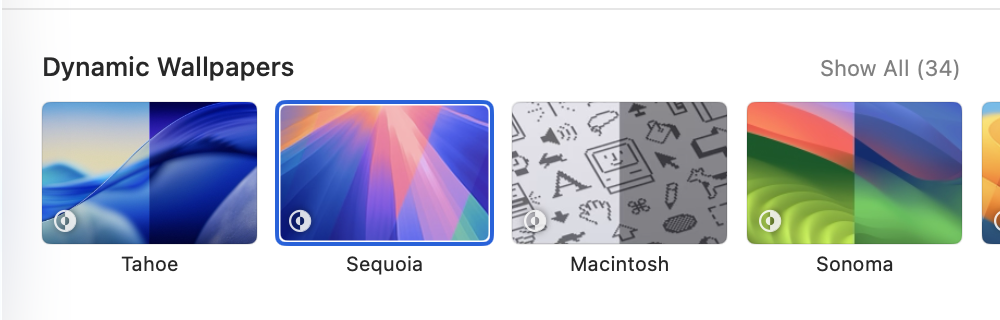 macOS Dynamic Wallpapers row in System Settings: Tahoe, Sequoia, Macintosh, and Sonoma scenes
