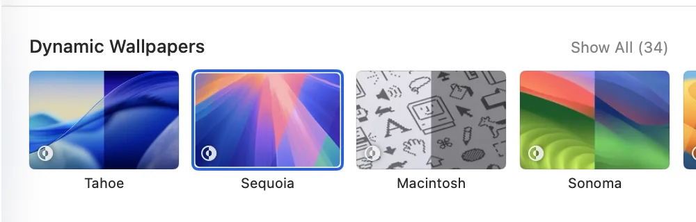 macOS Dynamic Wallpapers row in System Settings: Tahoe, Sequoia, Macintosh, and Sonoma scenes