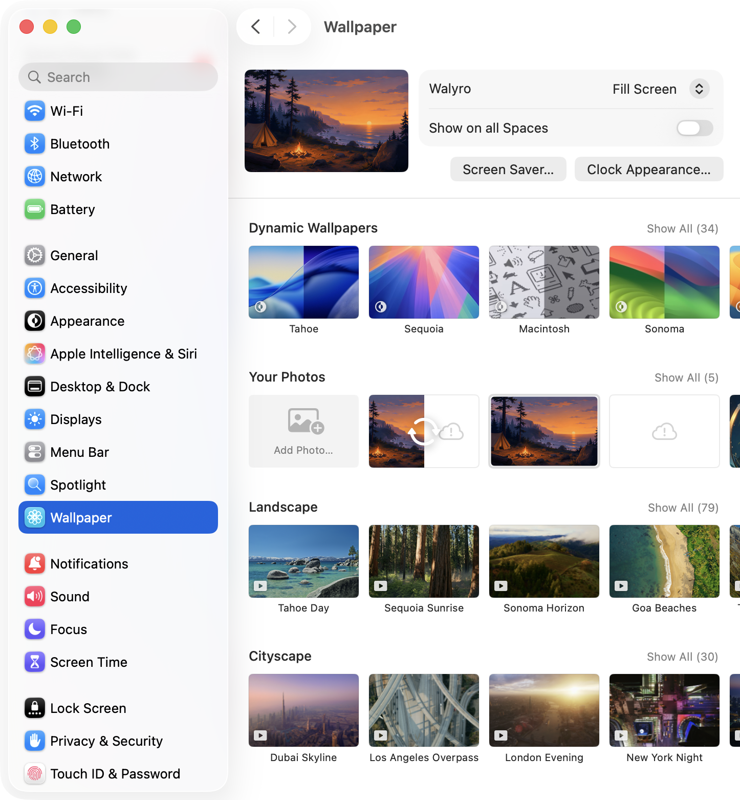 macOS System Settings Wallpaper pane showing Add Photo and the Fill Screen fit control